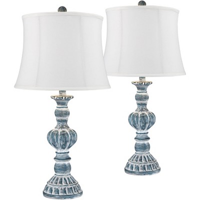 Regency Hill Country Cottage Table Lamps Set of 2 Blue Wash Cream Fabric Drum Shade for Living Room Bedroom House Bedside Home