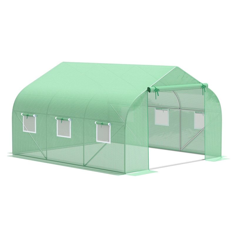 Outsunny 12' x 10' x 7' Outdoor Walk-In Tunnel Greenhouse Hot House with Roll-up Windows, Zippered Door, PE Cover, Green, 1 of 10