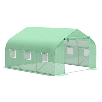 Outsunny 12' x 10' x 7' Outdoor Walk-In Tunnel Greenhouse Hot House with Roll-up Windows, Zippered Door, PE Cover, Green