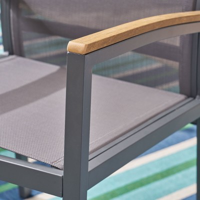 Gray and Natural Aluminum Outdoor Dining Chairs with Faux Wood Arms, Set of 2