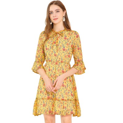 INSPIRE CHIC Women's Flutter Sleeve Tie Neck Ruffle Hem Ditsy Floral Dresses