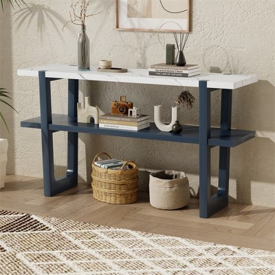 Retro Console Table, Sofa Table, Narrow Entryway Table With Marble-Effect Top, 2-Tier Open Storage Shelf, Storage Solutions For Hallway, Living Room