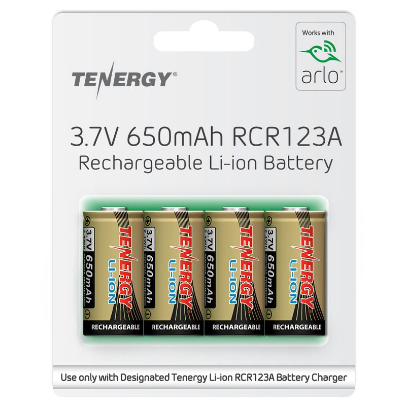 Tenergy Battery 4pk Li-ion rechargeable batteries 3.7V 650mAh RCR123A Works with Arlo HD Security Cameras (VMC3030), 1 of 4
