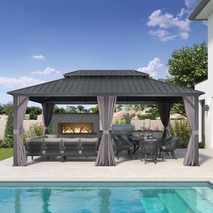 PURPLE LEAF Permanent Hardtop Gazebo Aluminum Frame Gazebo with Galvanized Steel Double Roof, UV-Resistant, Netting & Curtains included - Grey - 1 of 4