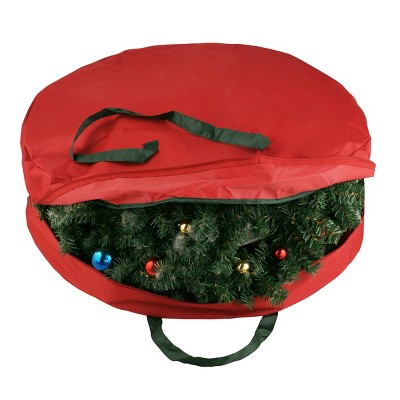 Wreath Storage Bag- 30" Round-Protect Holiday, Easter, Fall & Christmas Artificial Wreaths-Red Zippered Canvas Tote with Handles by Hastings Home