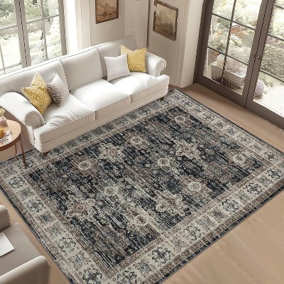 Coucheta Vintage Washable Area Rug - Boho Farmhouse Rug, Non-Slip Low Pile Indoor Carpet for Living Room & Bedroom