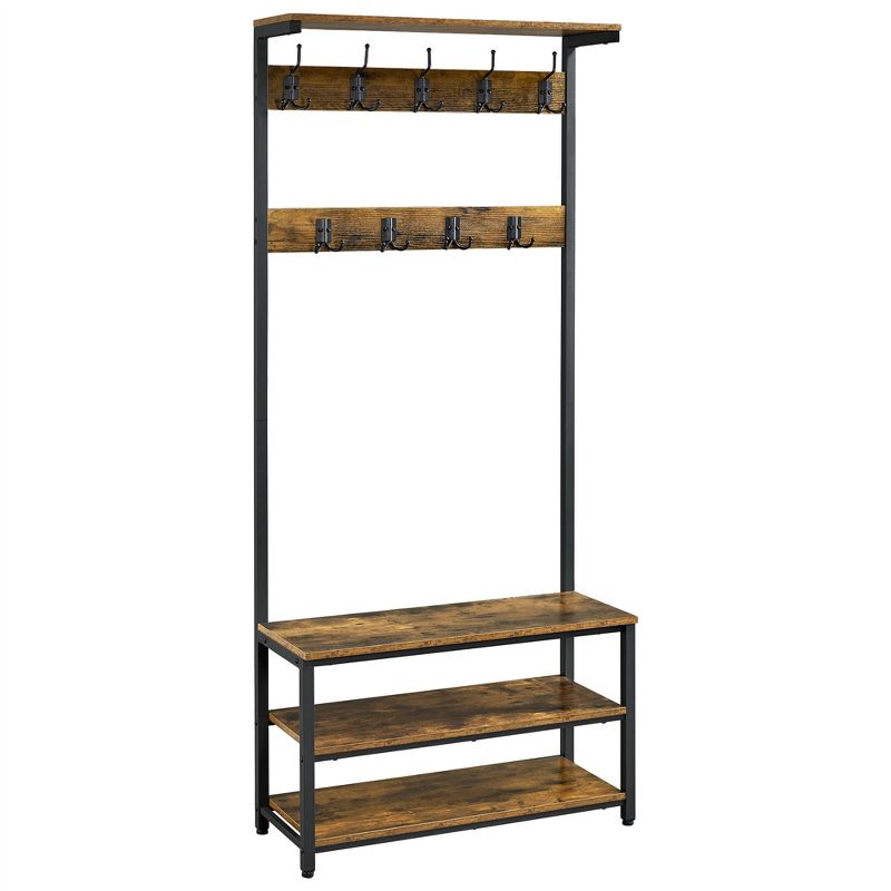 Yaheetech 72.5" H Industrial Hall Tree 3-in-1 Entryway Coat Rack with Top Board & Bench & Shoe Storage, Rustic Brown, 1 of 8