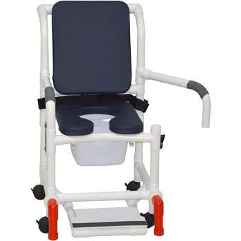 MJM International Corporation Shower chair 18 in width 3 in BLUE front seat BLUE cushion padded back 10 qt slide pail 300 lb wt