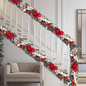 GAOMON 6 Ft Pre Lit Christmas Garland for Mantle with 20 LED Lights & Red Bows, Eight Lighting Modes, Durable Weather-Resistant Materials - 1 of 4