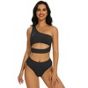Women's 2025 Summer High Waisted Bikini Set One Shoulder Sleeveless Swimsuits 2 Piece Cutout Crop Top Beach Bathing Suit Solid Tummy Control Swimwear - 3 of 4