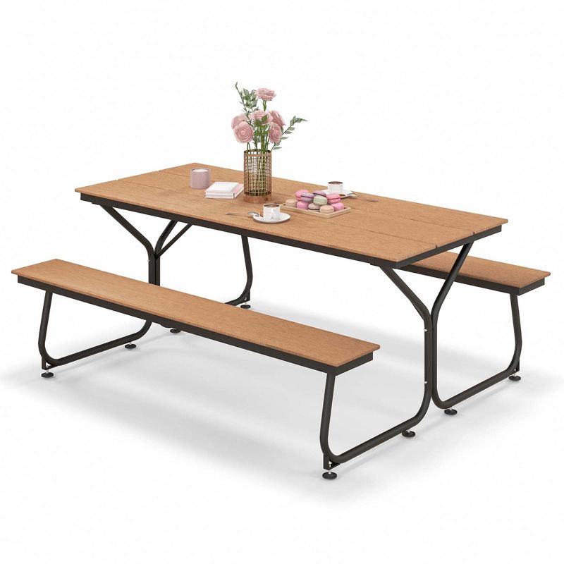 Costway 6FT Picnic Table Bench Set Outdoor HDPE Heavy-Duty Table for 6-8 Person Brown/Grey, 1 of 11