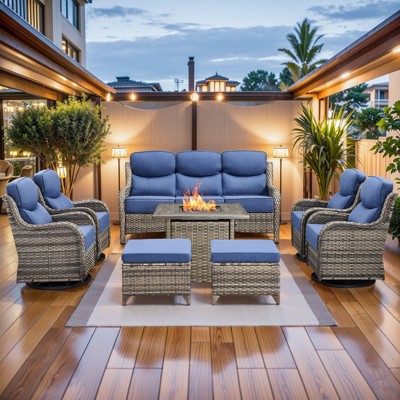 Buenhomino Patio Furniture Set with Fire Pit, Outdoor Wicker Furniture, 8 Pieces Deep Seat Rattan Conversation Sofa Sets with 6-inch Thicked Cushions