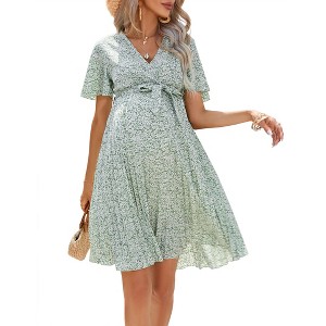 Coolmee Women Summer Maternity Dress Floral Print V Neck Pleated Hem Flutter Sleeve Ruffle A Line Flowy MIdi Dress with Belt - 1 of 4