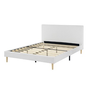 Gulches Queen Size Platform Bed Frame - Upholstered Headboard, Wood Slats Support White Spacious Under-Bed - 1 of 4