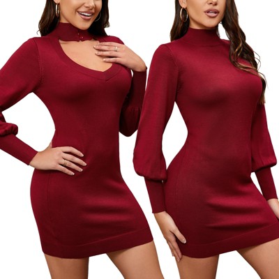 Women's Christmas Deep v neck Dual Side Reversible Sweater Rib Knit bodycon High Collar Club Party Mini Dress
