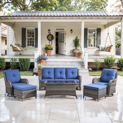 6 Piece Rattan Wicker Patio Conversation Set with Swivel Chairs, Patio Furniture Set with Patio Couch Swivel Chair Coffee Table Ottoman