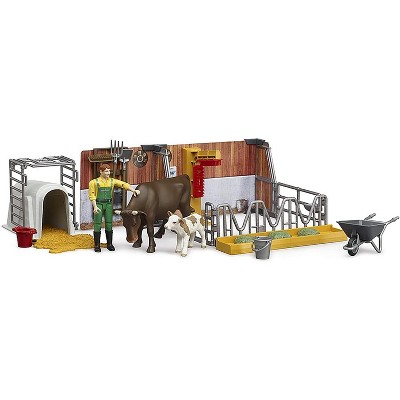 Farm Animal Playset with Cow, Calf, Farmer, and Barn Accessories