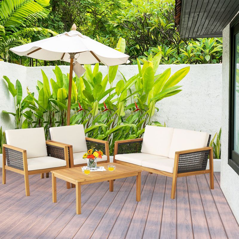 Tangkula 8-Piece Patio Acacia Wood Furniture Set Outdoor PE Rattan Conversation Set with Removable Cushions, 2 of 10