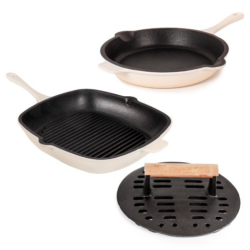BergHOFF Neo 2Pc Cast Iron Set: 11 Grill Pan & With Slotted Steak Press,  White