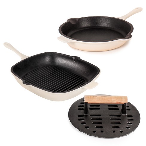 BergHOFF Neo 3Pc Cast Iron Cookware Set, Fry Pan 10, Square Grill Pan 11  & Slotted Steak Press, White