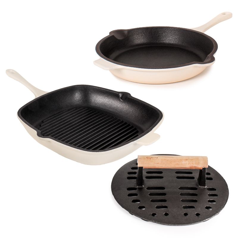 BergHOFF Neo 3Pc Cast Iron Cookware Set, Fry Pan 10", Square Grill Pan 11" & Slotted Steak Press, 1 of 13