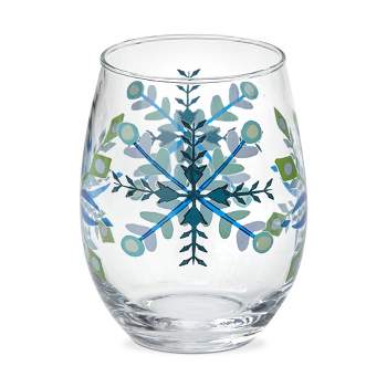 tag 18 oz. Alpine Glow Blue Snowflake Glass Stemless Wine Drinkware Dishwasher Safe Beverage Glassware Dinner Party Wedding Resturant