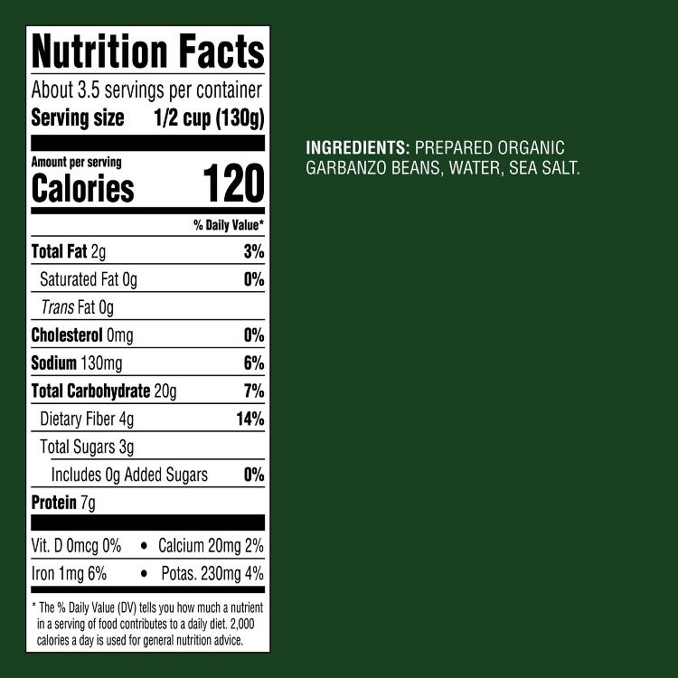 Nutrition facts label showing 120 calories per serving and ingredients list including prepared organic garbanzo beans, water, and sea salt.