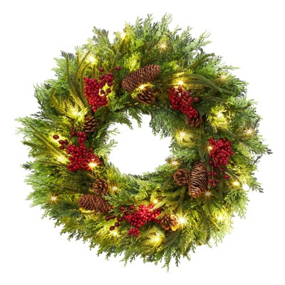 Pre-Lit Christmas Wreath 22 Inch Battery Powered - Outdoor Waterproof LED Wreath with Pinecones, Red Berries & Festive Ornaments