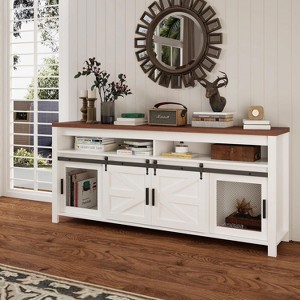 TV Stand, Entertainment Center with Sliding Barn Doors and Mesh Doors, Rustic Wood Industrial Media Console with Storage Space - 1 of 4