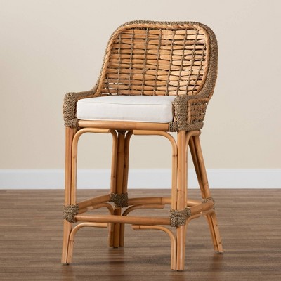 Kyle Bohemian Natural Brown Rattan & Mahogany Counter Stool
