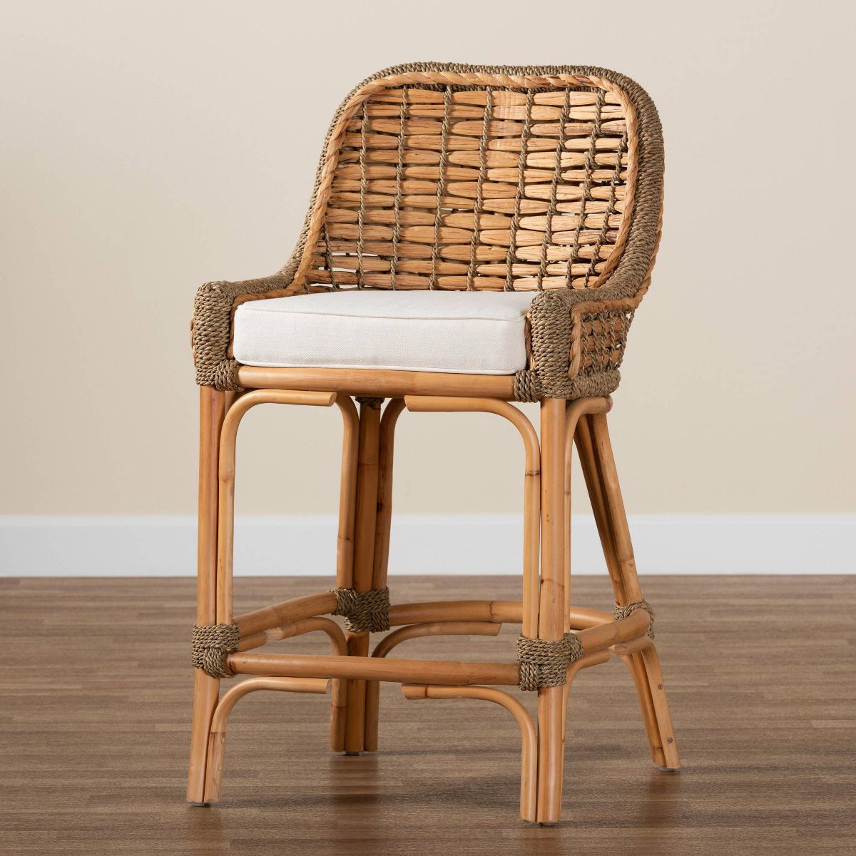 Kyle Woven Rattan Counter Height Barstool with Cushion - bali & pari: Handcrafted, No Assembly Required - thumbnail 9