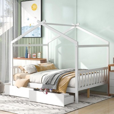 Streamdale Full Size House Platform Bed with Two Drawers, Headboard and Footboard, Roof Design, White