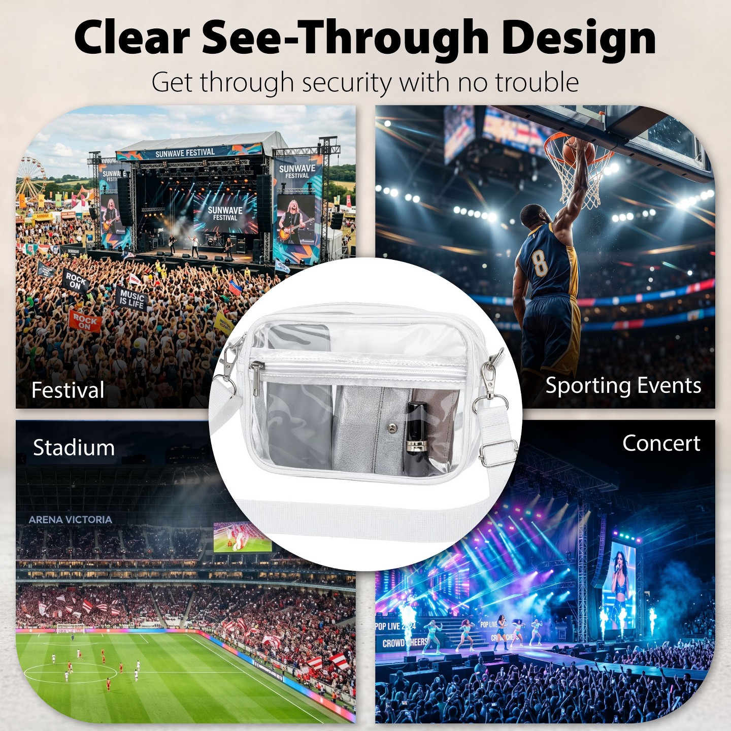 Сумка Garnen Clear For Stadium Events, Clear Purse For Stadium, Clear Crossbody for Concerts Festival, Stadium With Zipper and Adjustable Strap — фото 2