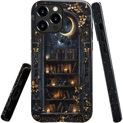 BONGEEK Generic Case Compatible with iPhone 15Pro Max,Scratch Resistant Hybrid 2-Layer Hard Shell Bright Phone Case,Vintage Dark Bookshelf Moon