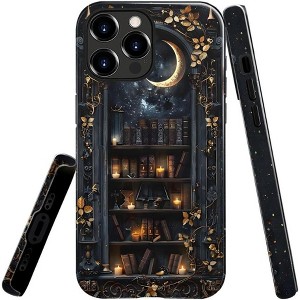 BONGEEK Generic Case Compatible with iPhone 14Pro Max,Scratch Resistant Hybrid 2-Layer Hard Shell Bright Phone Case,Vintage Dark Bookshelf Moon - 1 of 4