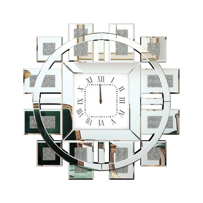 Large Wall Clock with Mirror Finishing Wall Decor Mirror Clock w/ Diamond Inlay