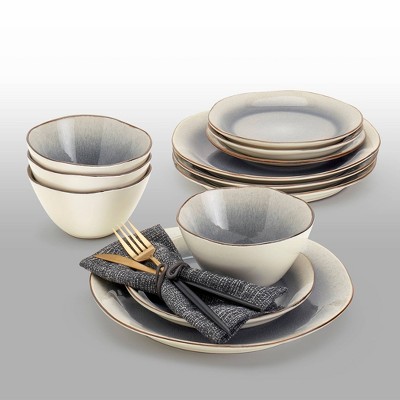 12-Piece Gray and White Ceramic Dinnerware Set with Irregular Rim