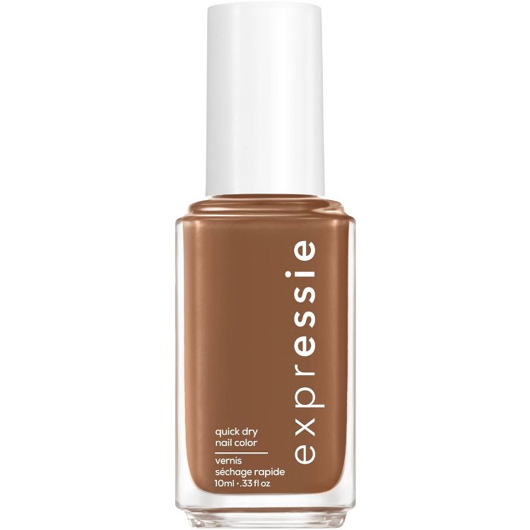 A bottle of brown colored nail polish labeled "expressie" with "quick dry nail color" and "10 ml .33 fl oz" written on it.