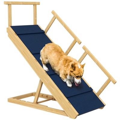 VisioGear Dog Ramp, Adjustable 4 Height Pet Ramp, Foldable Dog Stairs with Non-slip Mat for Small to Large Dogs, Natural Wood, 33.5"*15.7"*30.9"