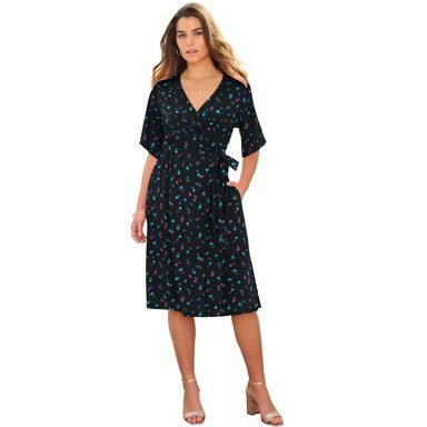 plus size short fit and flare dress Plus Size short puff sleeves V-Neck Flowy Flare Midi Dress with Pocket
