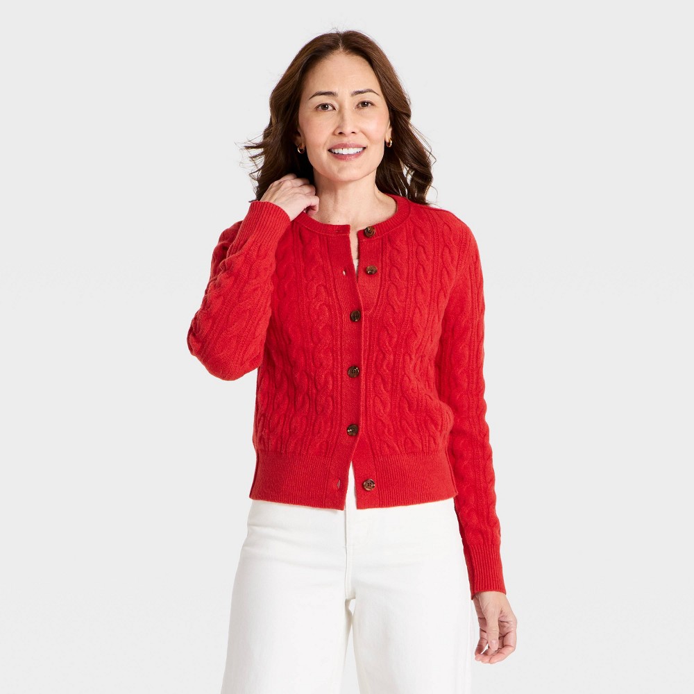 Women's Heritage Cable Crewneck Cardigan - Universal Thread™ Red S