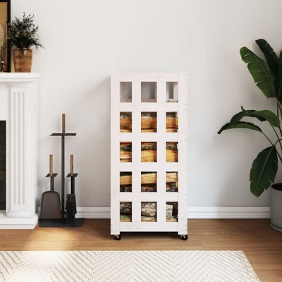 vidaXL Log Holder with Wheels White 15.7 in.x19.3 in.x43.3 in. Solid Wood Pine