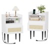 Nightstand Set of 2 Bedside Table - Farmhouse with Charging Outlet, Rattan Drawer & Open Shelves, End Tables - 2 of 4
