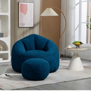GustoWave 37.4''W Deluxe Upholstered Bean Bag Couch with Petal Back Padded, Memory Foam Stuffed Bean Bag Sofa with Footstool , Blue - 1 of 4