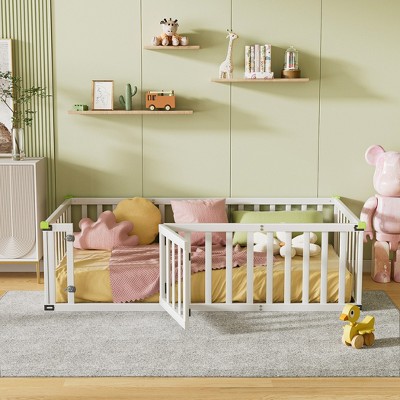 Twin Size Montessori Floor Bed Wooden Frame, w/Door and Safety Fence, Toddler Floor-Bed-Frame for Children Bedroom, for Boys and Girls, White