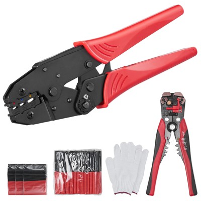 VEVOR Hydraulic CrimRatcheting Crimping Tool Set For Insulated Electrical Connectors AWG22-10 with Wire Stripper and 210pcs Heat Shrink Tubes