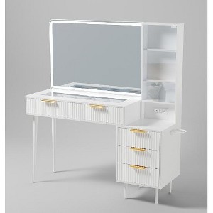 Makeup Vanity Desk with 36" Mirror ＆ Lights, 48" Glass Top Vanity Table with 4 Drawers & Shelves, 3 Color Modes, Adjustable Brightness, Power outlets - 1 of 1