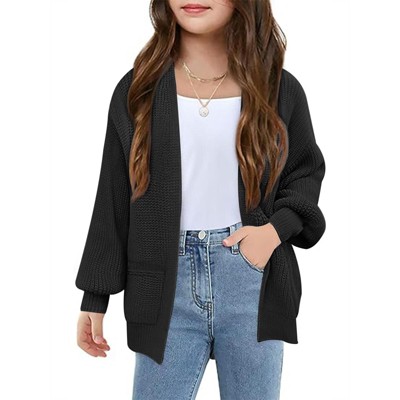 Girls' Lantern Sleeve Open - Front Knit Cardigan, Casual Loose Fit Sweater for Kids, Perfect for Layering
