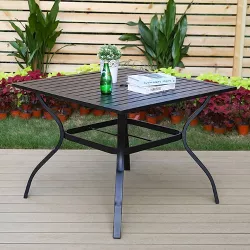 Backyard and Porch， Classic Black Luckyberry Outdoor Dining Table Metal Steel Slat Square Patio Dining Table 37 Inch with 1.57 Garden Umbrella Hole 