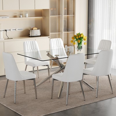 7-Piece Dining Set with Tempered Glass Table and 6 PU Armless Chairs